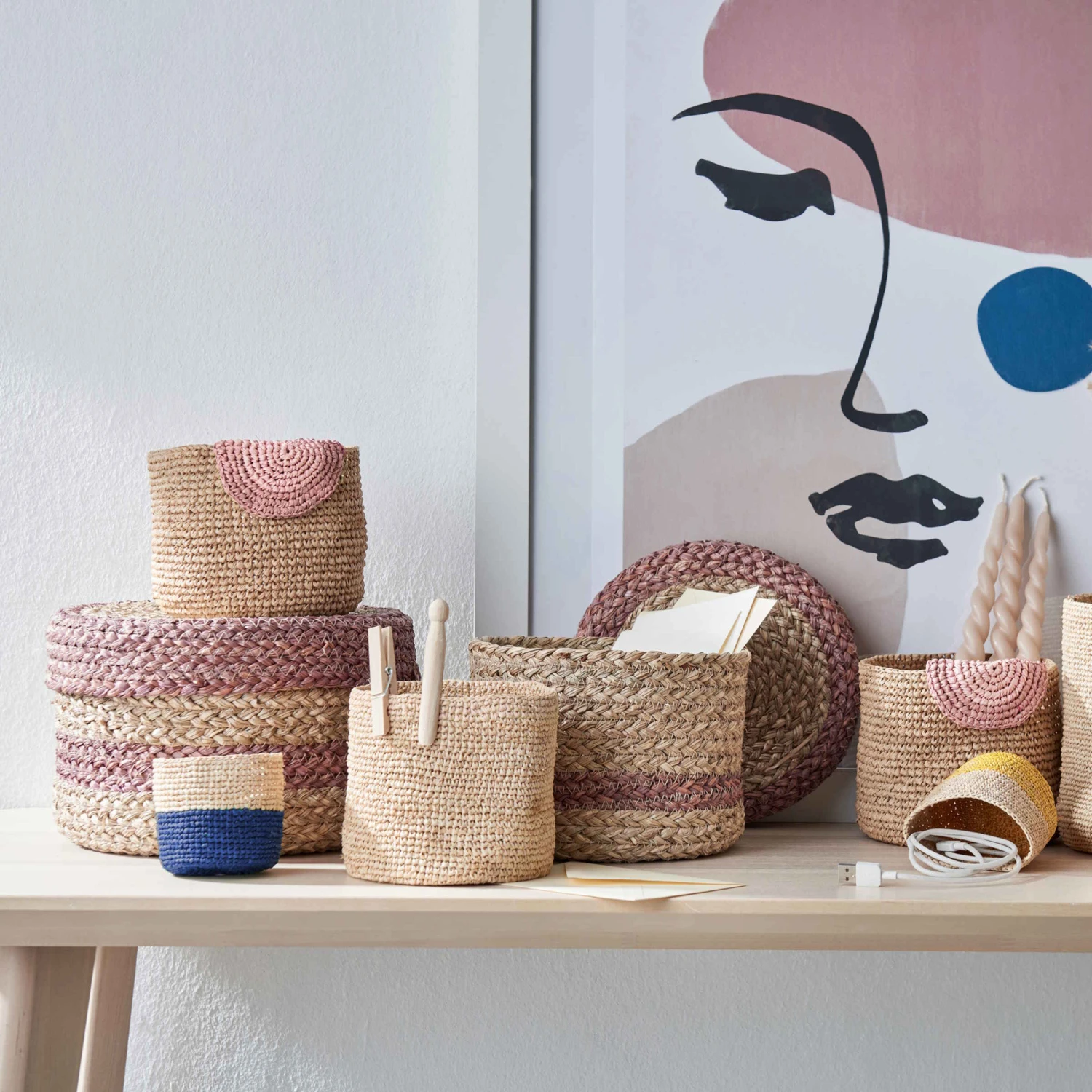 4-tlg. Korbset Handgefertigt Aus Raffia ISALO In Natur-Blau 2 4-tlg. Korbset Handgefertigt Aus Raffia ISALO In Natur-Blau – Bild 2